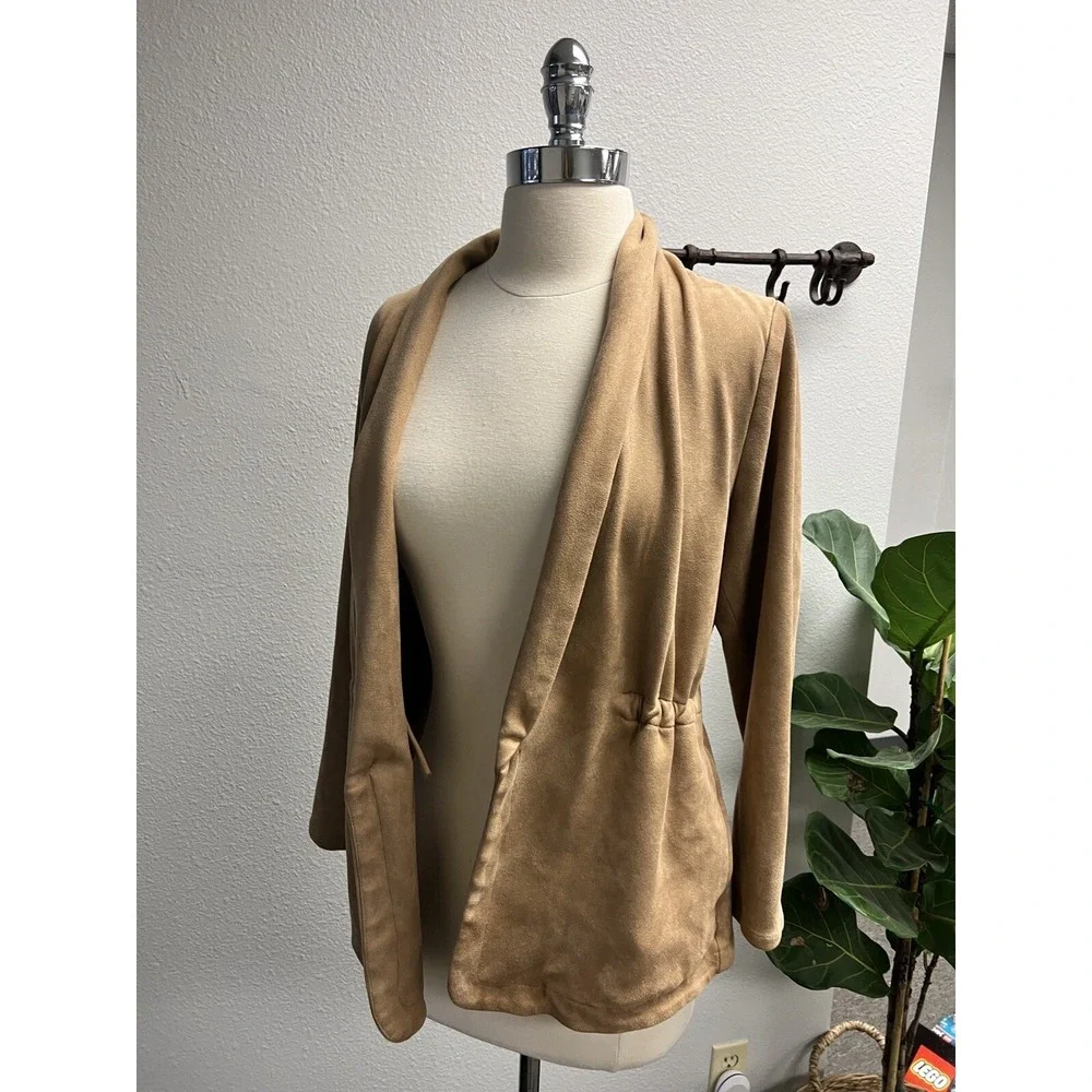 Blank NYC Camel Vegan Suede Open Front Jacket Size M Cinched Waist Lightweight‎ - Picture 2 of 10
